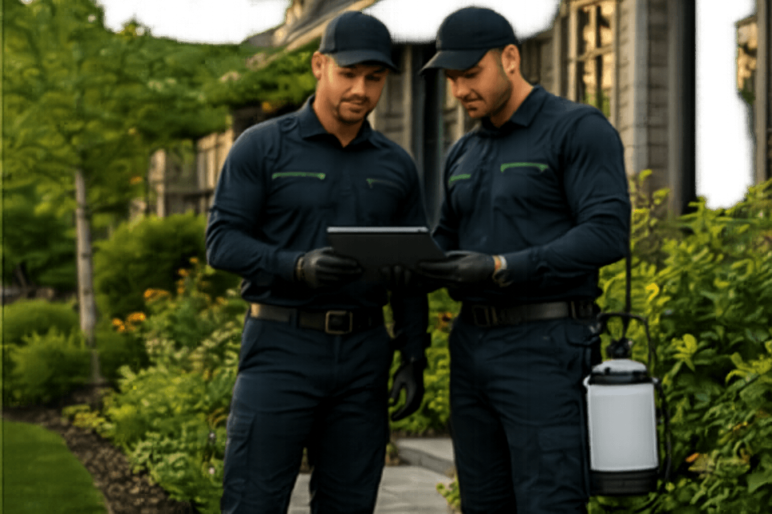 EcoHeat Pest Warriors technicians reviewing a treatment plan on site