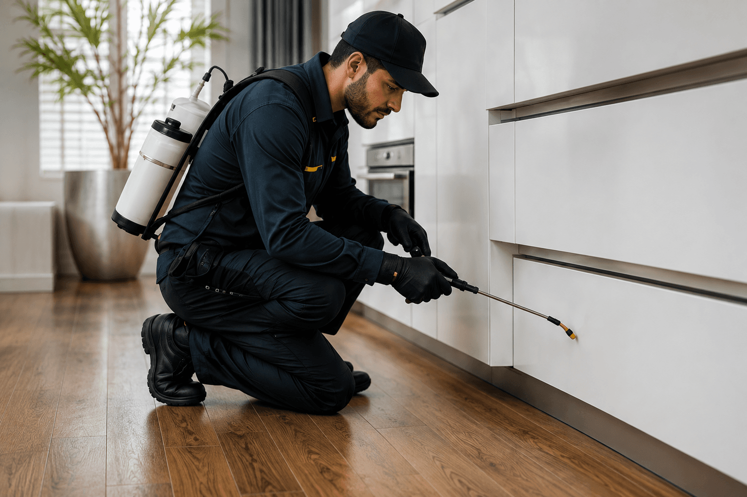 Technician applying targeted indoor pest treatment along kitchen baseboards