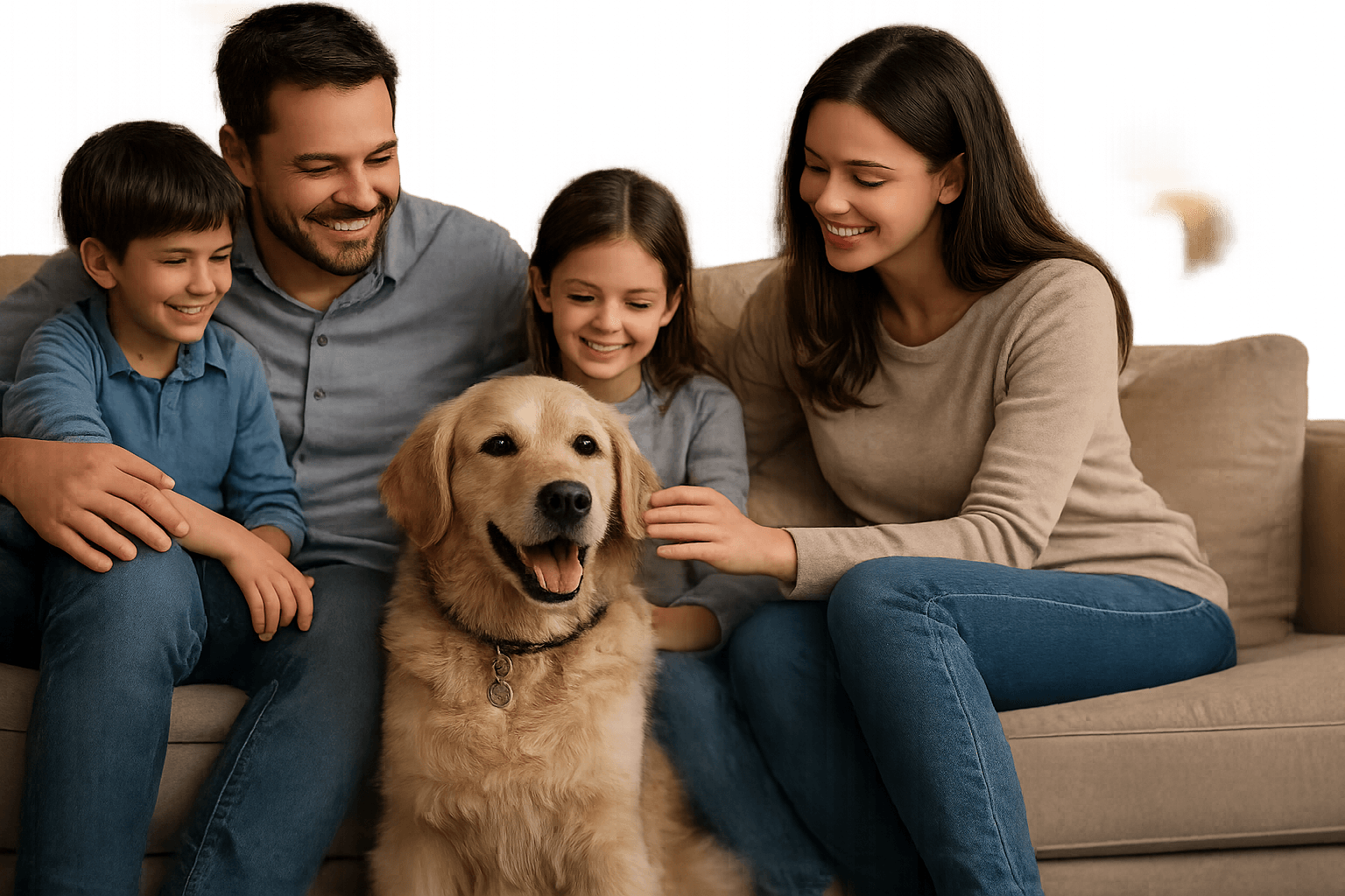 Happy family with their dog in a safe, pest-free home