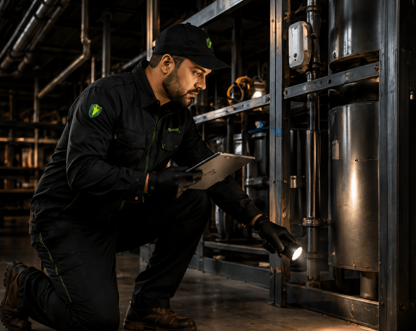 Technician inspecting commercial facility infrastructure