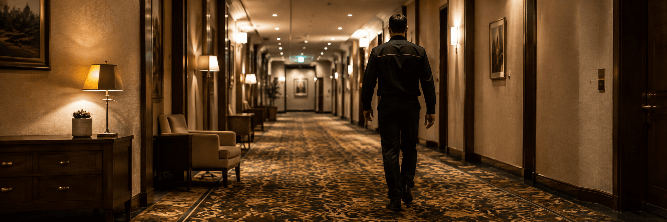 Discreet commercial inspection in a hotel corridor