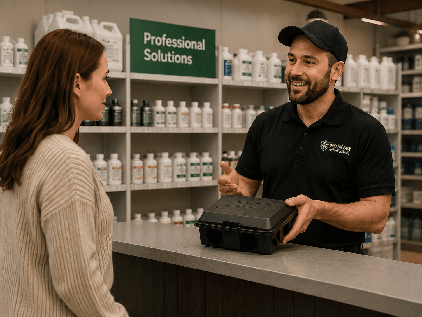 Pest control specialist helping a customer choose DIY products