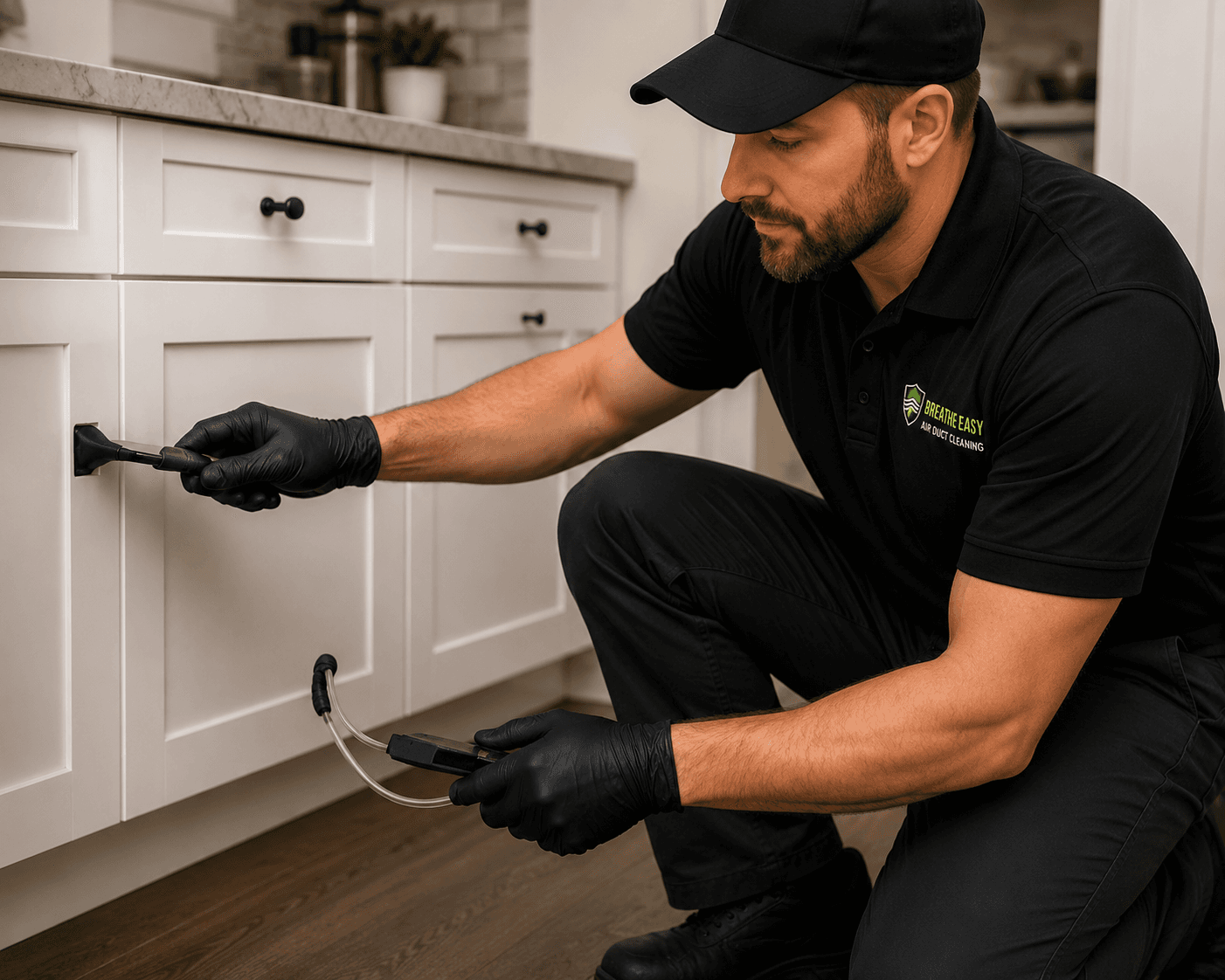 Technician inspecting a kitchen cabinet for pests