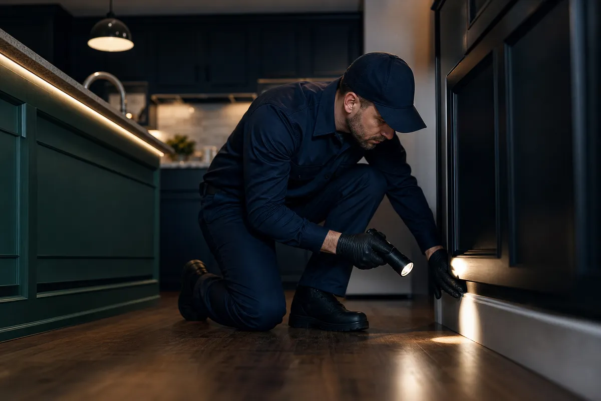 EcoHeat Pest Warriors technician performing a detailed flashlight inspection along kitchen baseboards