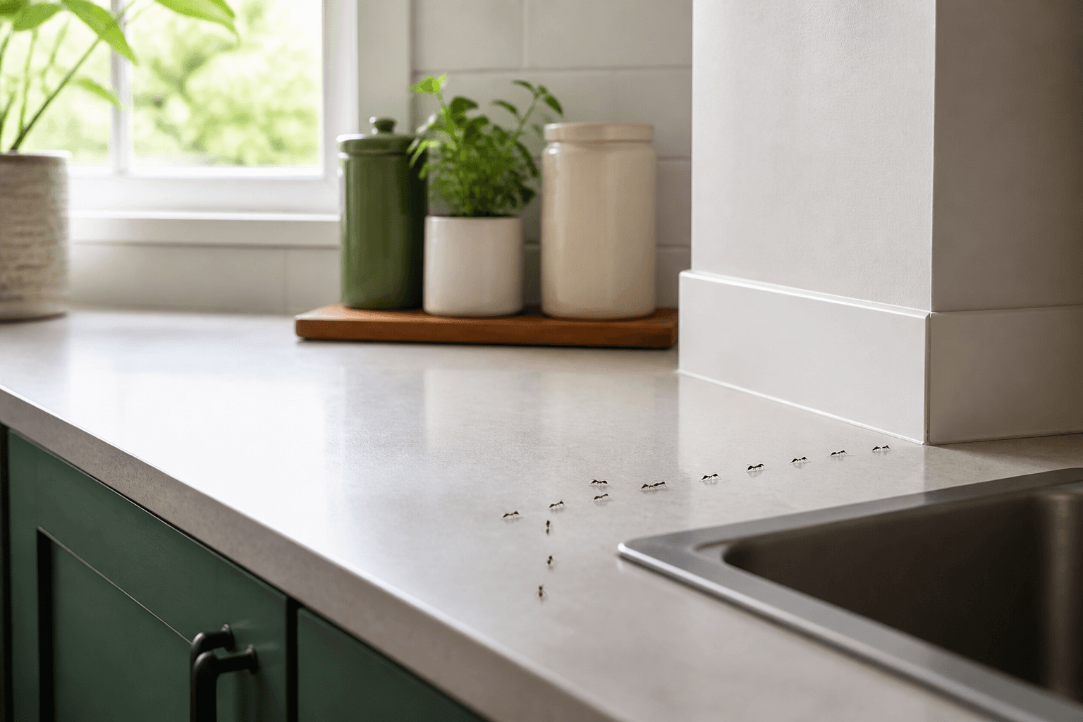 Ant trail along a clean kitchen countertop near the sink