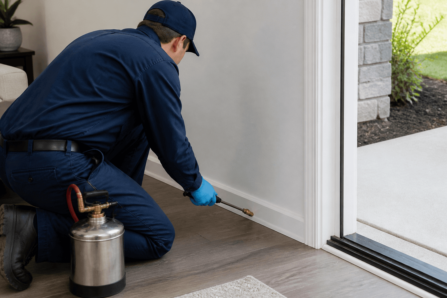 Technician applying targeted ant treatment along a home baseboard