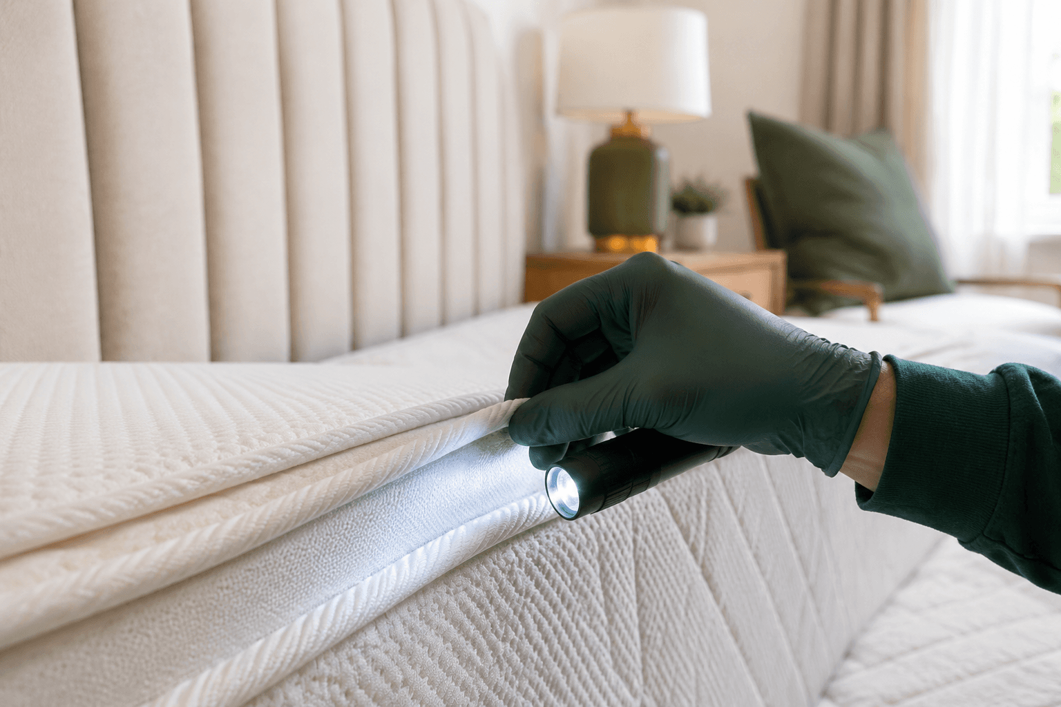 Technician carefully inspecting a mattress seam for bed bugs