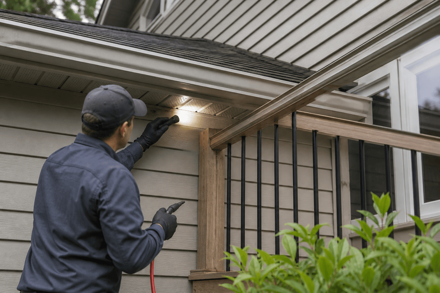 Technician inspecting and treating carpenter ant activity near deck and siding