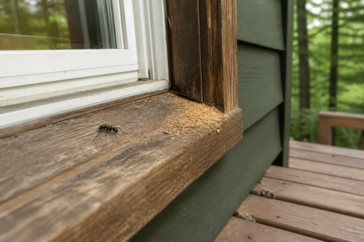 Sawdust-like frass near wooden deck trim indicating carpenter ant activity