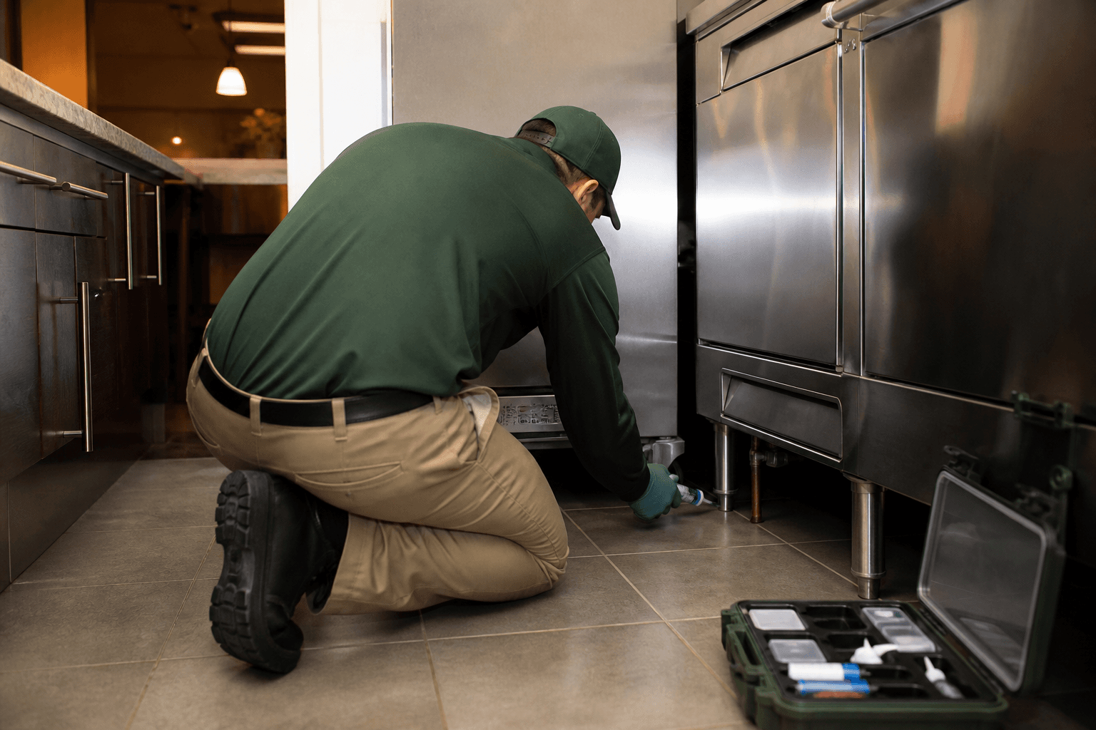 Technician applying targeted cockroach gel bait treatment in a kitchen