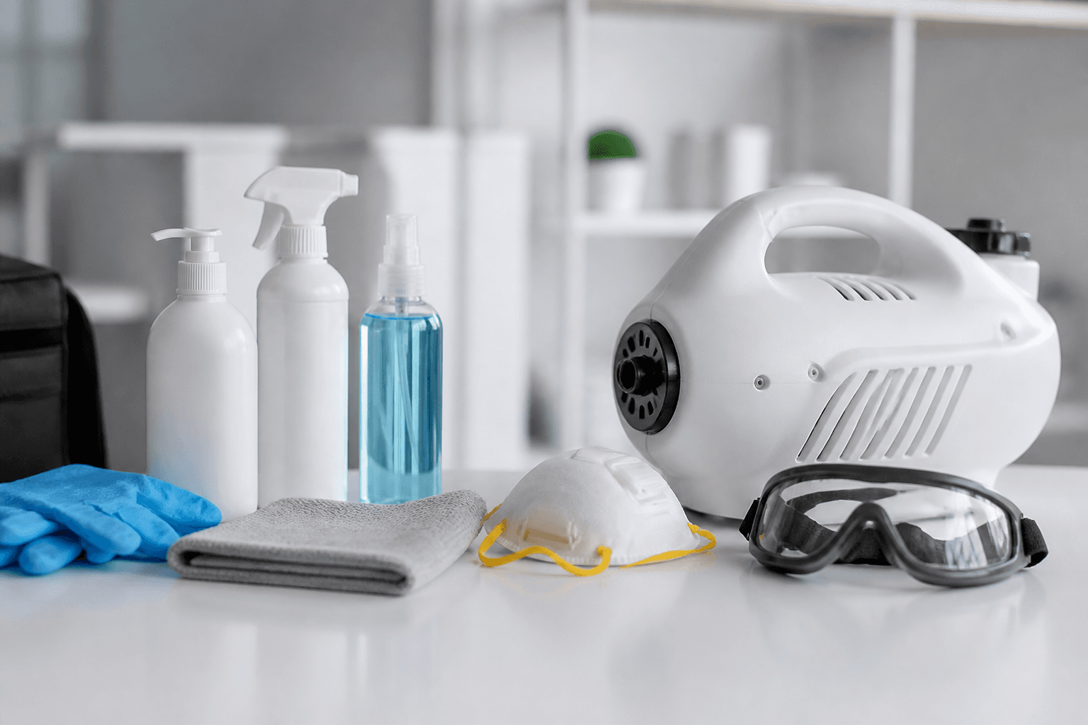 Disinfection equipment and supplies staged for treatment