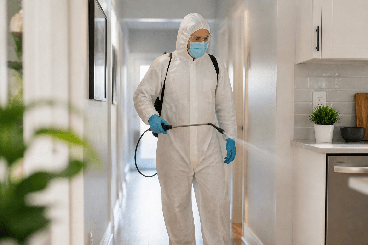 Technician applying disinfectant mist in a clean indoor space