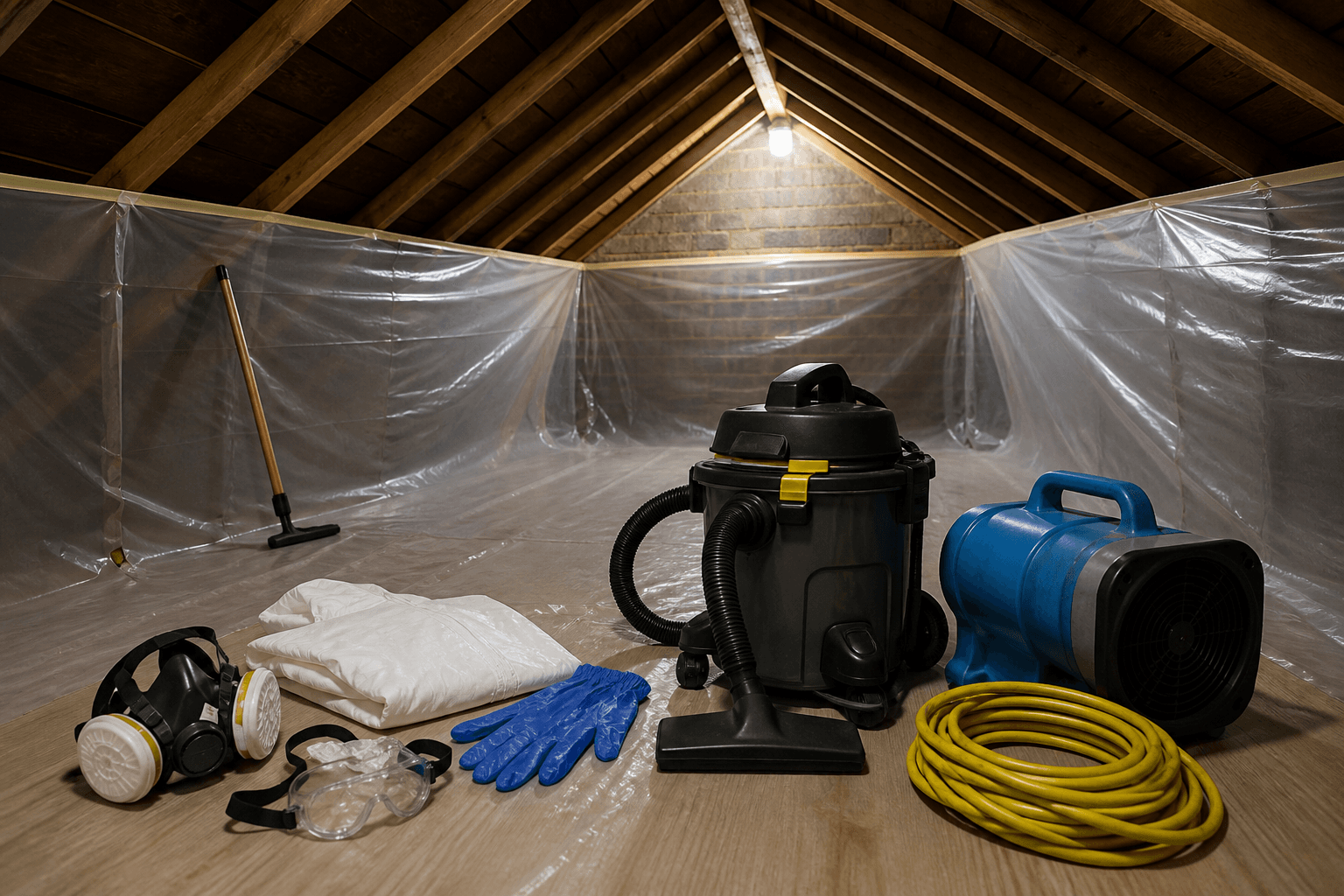 Attic area prepared with protective sheeting for droppings cleanup