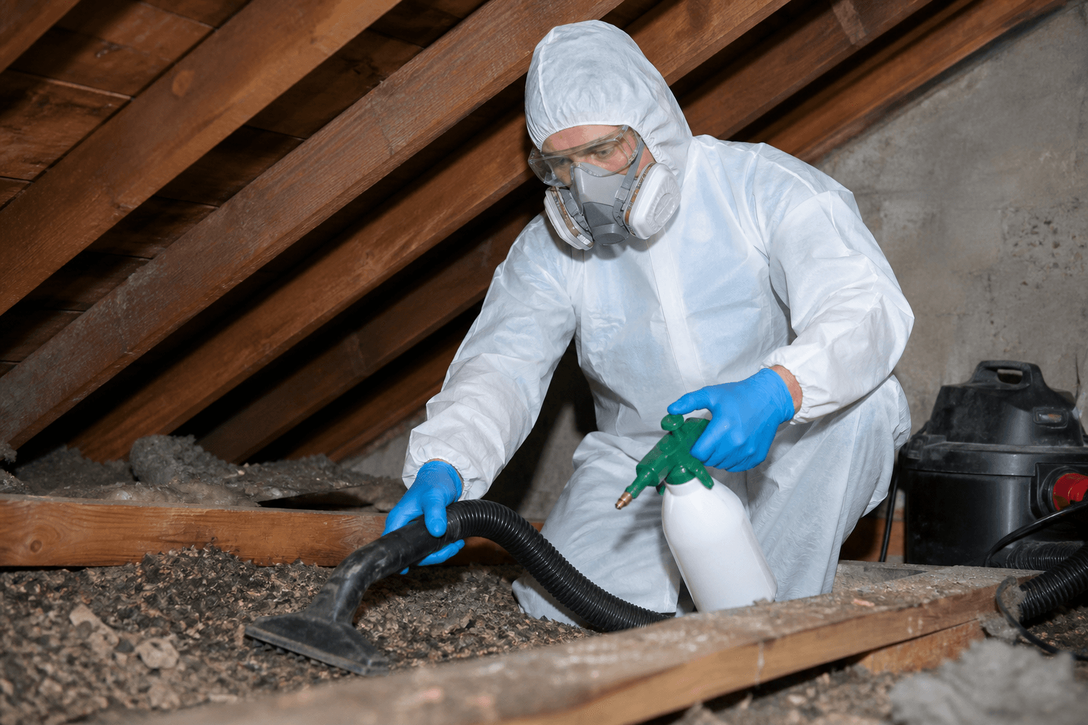 Technician in PPE cleaning and sanitizing a contaminated attic area