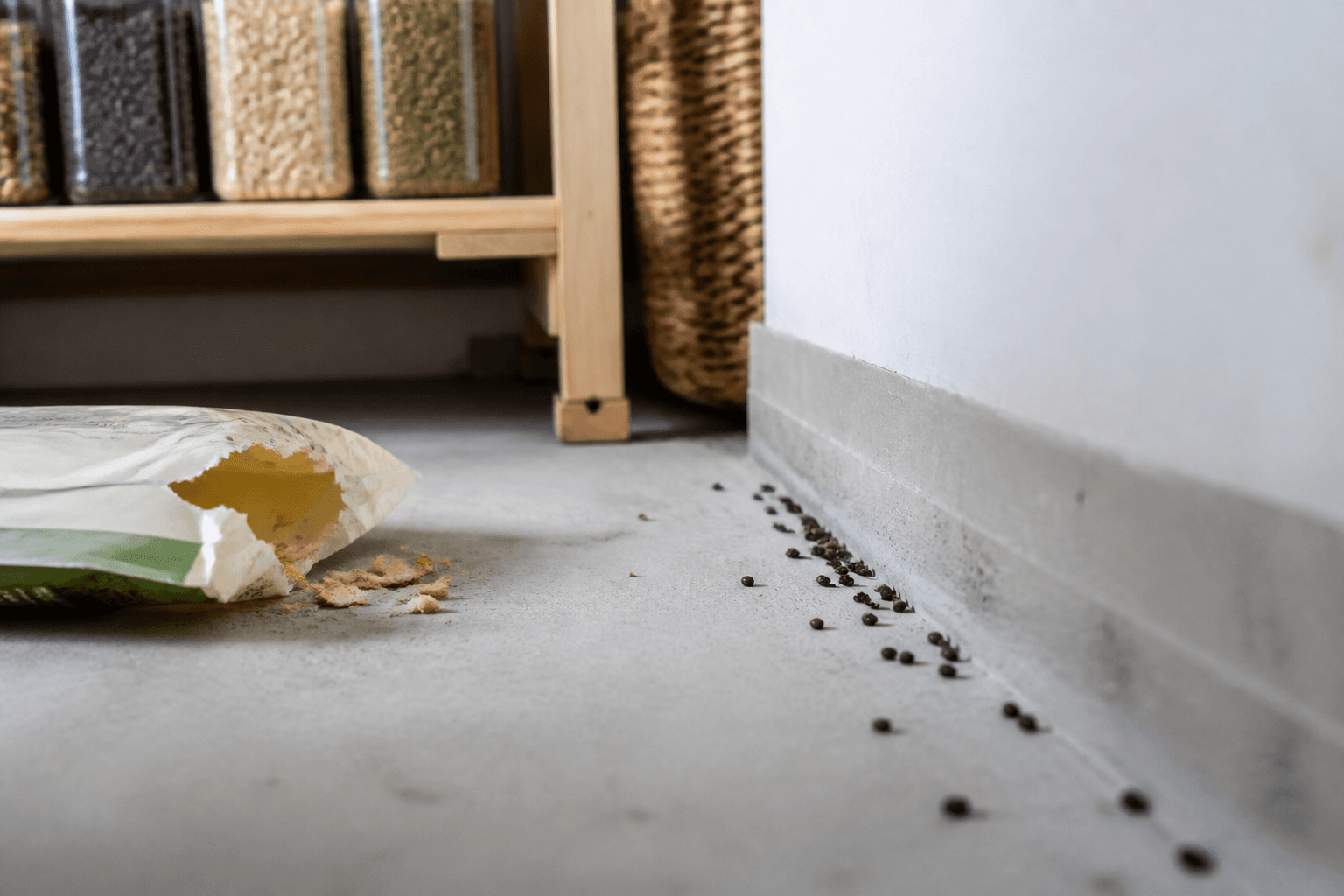 Mouse droppings and gnawed packaging along a wall edge