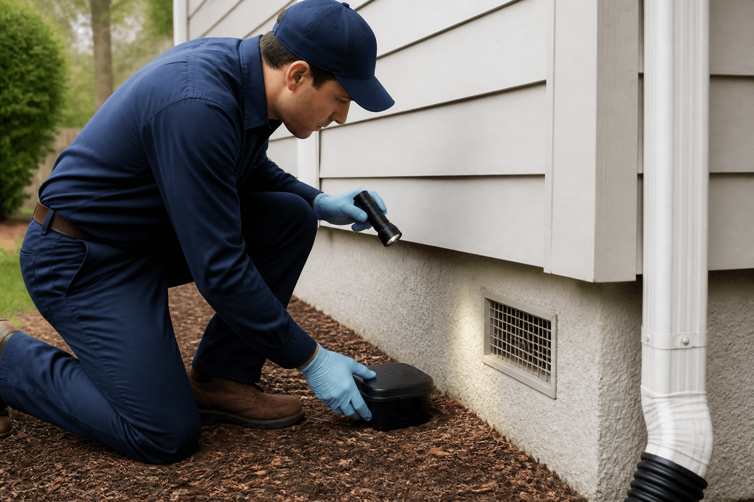 Technician placing a bait station and checking foundation entry points