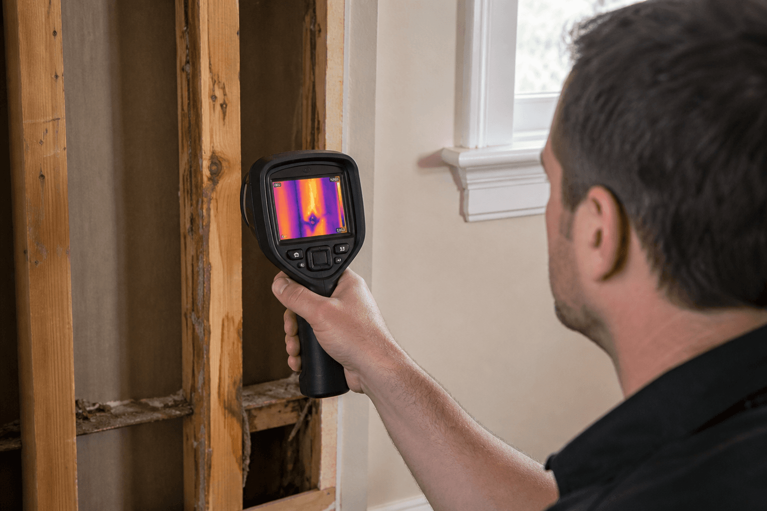 Technician using infrared camera to locate hidden termite activity